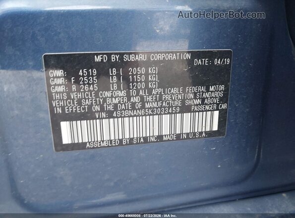 4S3BNAN65K3033459 2019 SUBARU LEGACY Blue Շարժիչի բաժամունքի տեսք