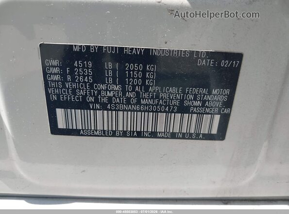 4S3BNAN66H3050473 2017 SUBARU LEGACY White Вид підкапотного простору