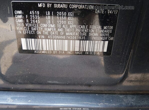 4S3BNAN67H3061935 2017 SUBARU LEGACY Blue Widok komory silnika