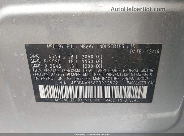 4S3BNAN68G3032572 2016 SUBARU LEGACY Silver Engine compartment view
