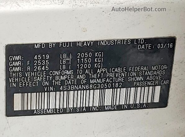 4S3BNAN68G3050182 2016 SUBARU LEGACY White VIN sticker view