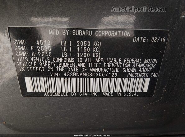 4S3BNAN68K3007129 2019 SUBARU LEGACY Gray Շարժիչի բաժամունքի տեսք