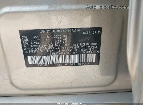 4S3BNAN68K3030104 2019 SUBARU LEGACY Tan Շարժիչի բաժամունքի տեսք