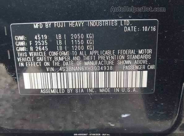 4S3BNAN6XH3034938 2017 SUBARU LEGACY Black Вид підкапотного простору