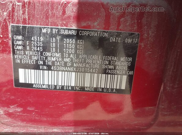 4S3BNAN6XJ3015442 2018 SUBARU LEGACY Red Engine compartment view