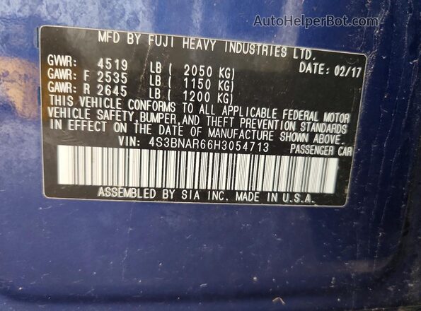 4S3BNAR66H3054713 2017 SUBARU LEGACY Blue Widok naklejki z numerem VIN
