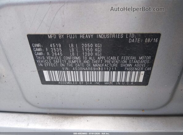 4S3BNAR69H3011211 2017 SUBARU LEGACY Silver Widok komory silnika