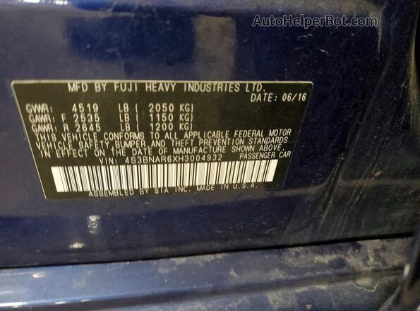 4S3BNAR6XH3004932 2017 SUBARU LEGACY Blue Engine compartment view