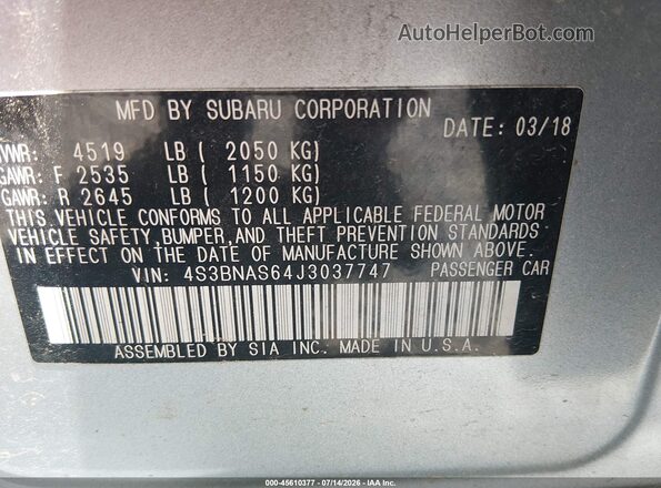 4S3BNAS64J3037747 2018 SUBARU LEGACY Серый Вид подкапотного пространства