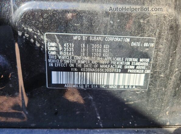 4S3BNAS65K3007139 2019 SUBARU LEGACY Black ძრავის განყოფილების ხედი