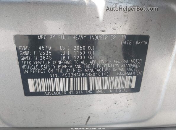 4S3BNAS67H3016143 2017 SUBARU LEGACY Silver Вид підкапотного простору