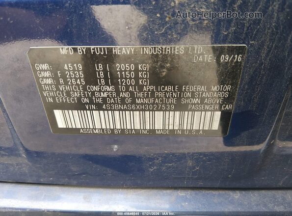 4S3BNAS6XH3027539 2017 SUBARU LEGACY Blue Engine compartment view