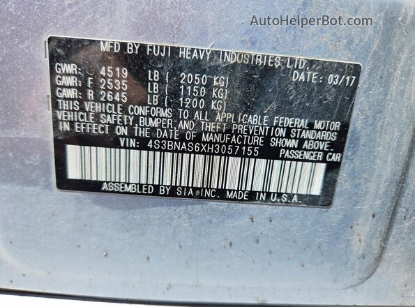 4S3BNAS6XH3057155 2017 SUBARU LEGACY Silver VIN sticker view