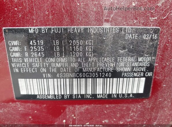 4S3BNBC60G3051240 2016 SUBARU LEGACY Red ძრავის განყოფილების ხედი
