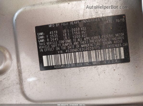 4S3BNBC63G3020175 2016 SUBARU LEGACY Champagne Vista del compartimento del motor