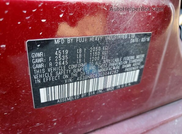 4S3BNBC63G3044282 2016 SUBARU LEGACY Red VIN կոդի պիտակի տեսք