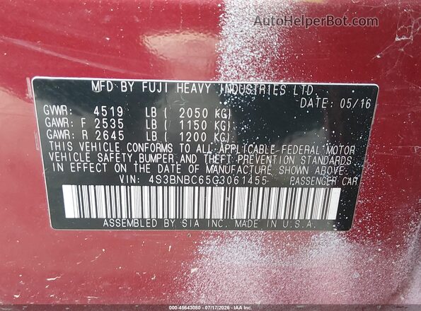 4S3BNBC65G3061455 2016 SUBARU LEGACY Red ძრავის განყოფილების ხედი