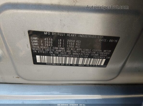 4S3BNBC6XG3012168 2016 SUBARU LEGACY Silver Widok komory silnika