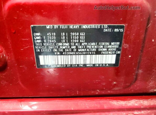 4S3BNBE65G3012415 2016 SUBARU LEGACY Burgundy Vista de la etiqueta del VIN