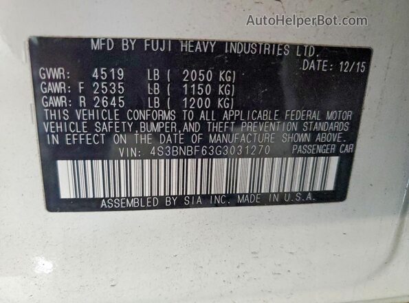 4S3BNBF63G3031270 2016 SUBARU LEGACY Белый Вид наклейки с VIN-кодом