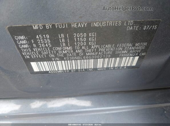 4S3BNBL66G3002138 2016 SUBARU LEGACY Blue Engine compartment view