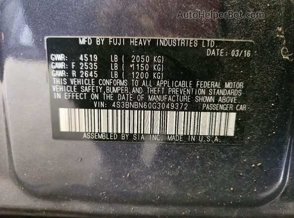 4S3BNBN60G3049372 2016 SUBARU LEGACY Серый Вид подкапотного пространства
