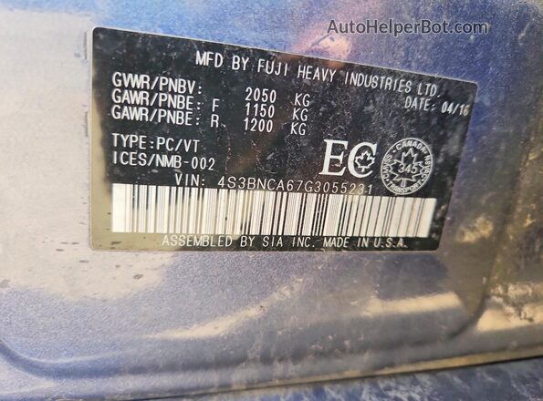 4S3BNCA67G3055231 2016 SUBARU LEGACY Blue Widok naklejki z numerem VIN