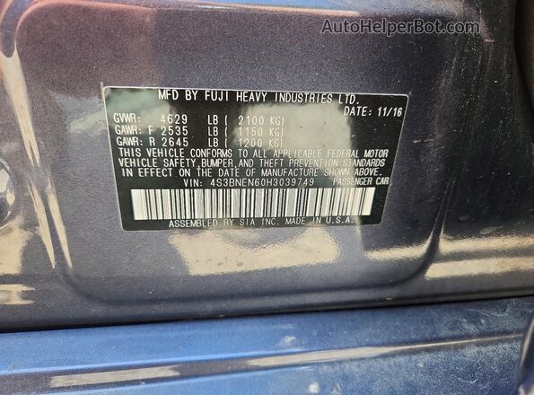 4S3BNEN60H3039749 2017 SUBARU LEGACY Серый Вид подкапотного пространства
