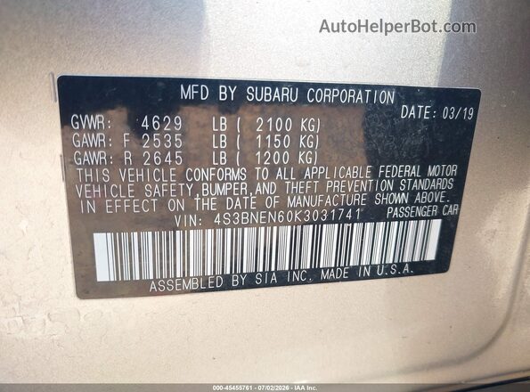 4S3BNEN60K3031741 2019 SUBARU LEGACY Tan Widok komory silnika
