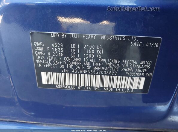 4S3BNEN65G3038823 2016 SUBARU LEGACY Blue Vista del compartimento del motor