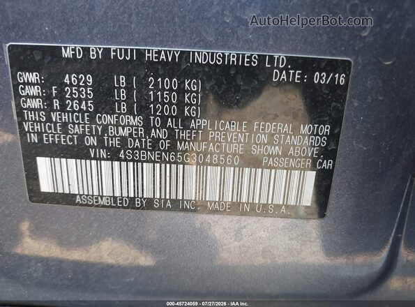 4S3BNEN65G3048560 2016 SUBARU LEGACY Синий Вид подкапотного пространства