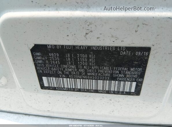 4S3BNEN66H3023233 2017 SUBARU LEGACY White Widok komory silnika