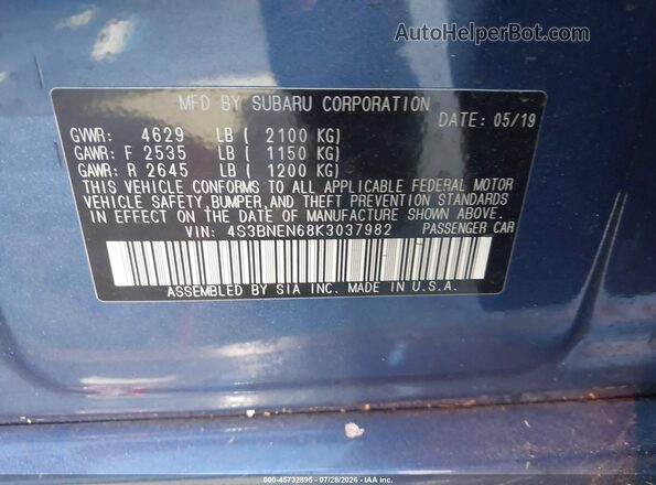 4S3BNEN68K3037982 2019 SUBARU LEGACY Purple Vista del compartimento del motor