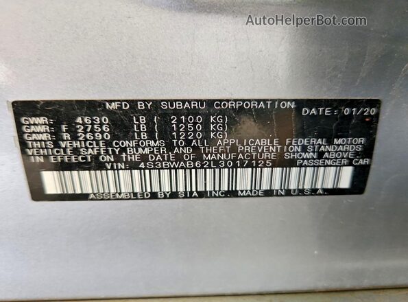 4S3BWAB62L3017125 2020 SUBARU LEGACY Silver Вид підкапотного простору
