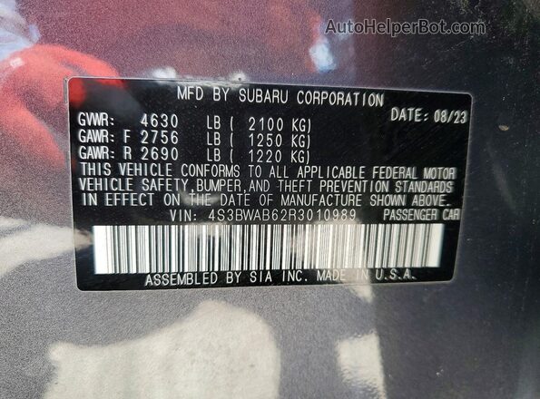 4S3BWAB62R3010989 2024 SUBARU LEGACY Gray Vista de la etiqueta del VIN