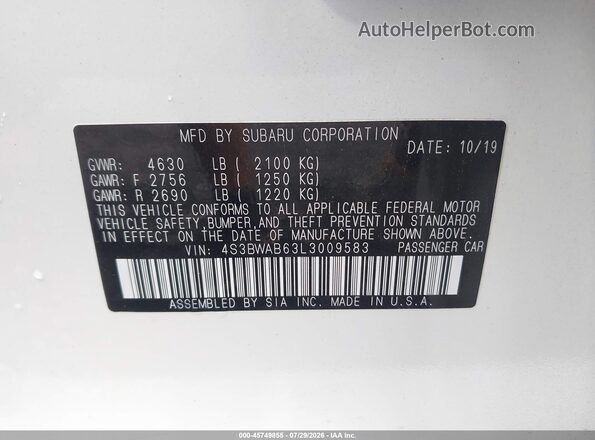 4S3BWAB63L3009583 2020 SUBARU LEGACY White Vista del compartimento del motor