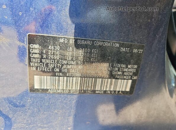 4S3BWAB66N3027739 2022 SUBARU LEGACY Blue Вид підкапотного простору