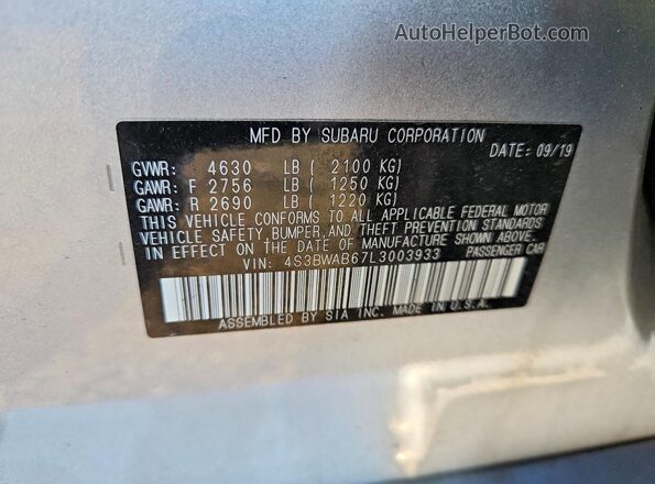 4S3BWAB67L3003933 2020 SUBARU LEGACY Silver Widok naklejki z numerem VIN