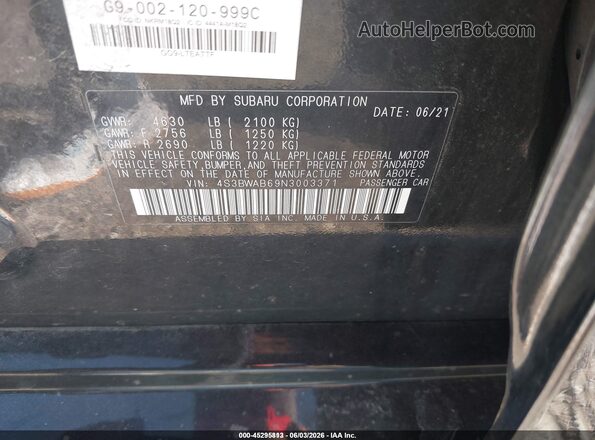 4S3BWAB69N3003371 2022 SUBARU LEGACY Black Engine compartment view