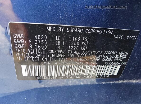 4S3BWAB69N3005587 2022 SUBARU LEGACY Blue Engine compartment view