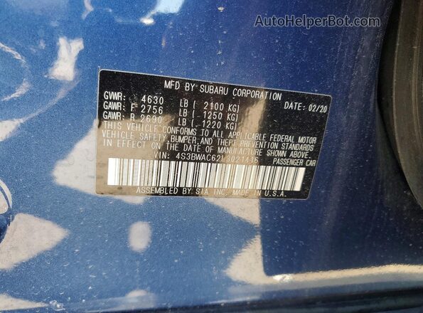4S3BWAC62L3021416 2020 SUBARU LEGACY Blue Vista del compartimento del motor