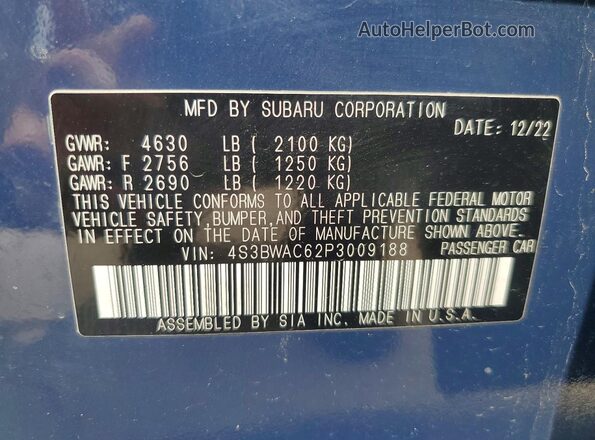 4S3BWAC62P3009188 2023 SUBARU LEGACY Blue Vista del compartimento del motor