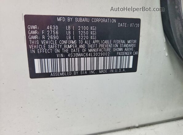 4S3BWAC64L3029002 2020 SUBARU LEGACY White Vista del compartimento del motor