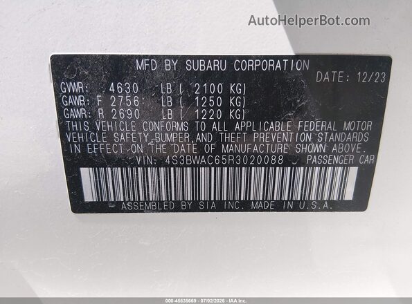 4S3BWAC65R3020088 2024 SUBARU LEGACY White Вид підкапотного простору