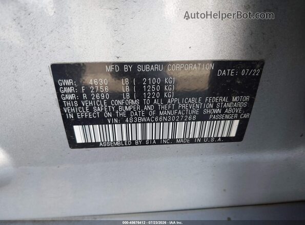 4S3BWAC66N3027268 2022 SUBARU LEGACY Gray Вид підкапотного простору