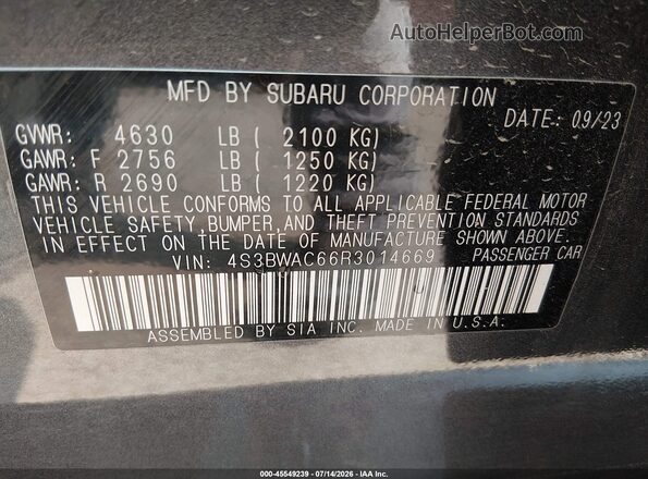 4S3BWAC66R3014669 2024 SUBARU LEGACY Gray Widok komory silnika