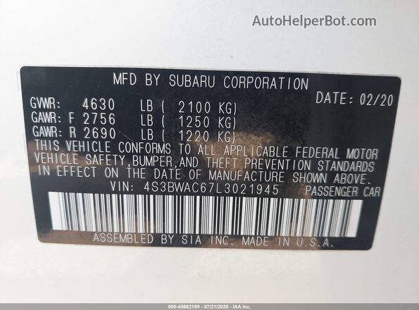 4S3BWAC67L3021945 2020 SUBARU LEGACY White Vista del compartimento del motor