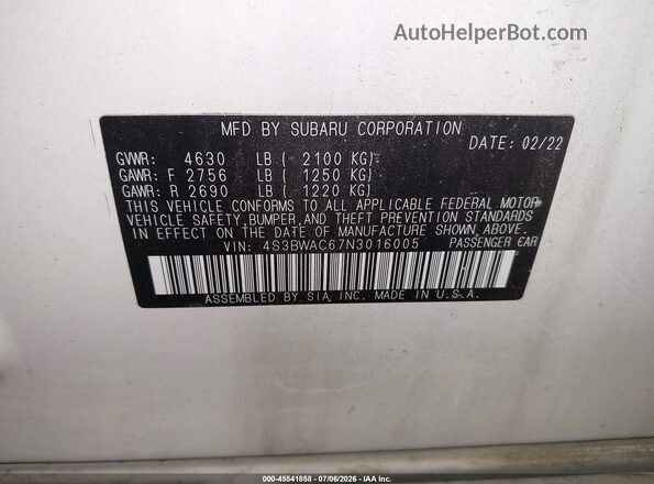 4S3BWAC67N3016005 2022 SUBARU LEGACY White Vista del compartimento del motor