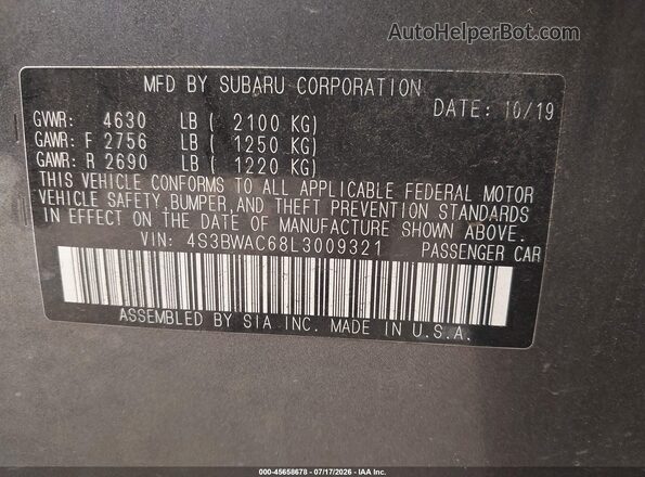 4S3BWAC68L3009321 2020 SUBARU LEGACY Gray Շարժիչի բաժամունքի տեսք