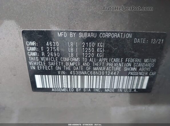 4S3BWAC68N3012447 2022 SUBARU LEGACY Gray ძრავის განყოფილების ხედი